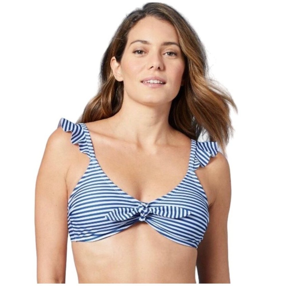 Kona Sol Tie Front Ruffle Shoulder Adjustable Strap Bikini Top Blue Stripe S L D